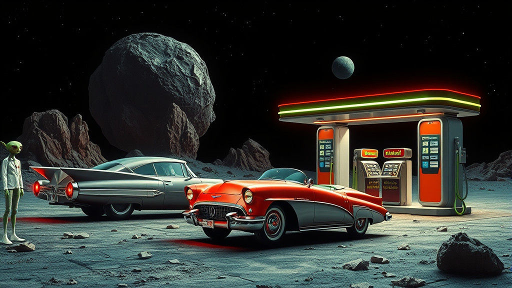 Gas station on an asteroid in space
