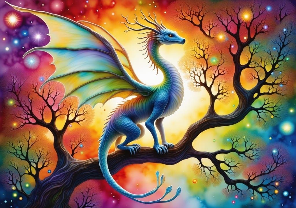 <lora:PR AlcoholWCGlass:1.0> An abstract painting of an enormous white dragon with a dainty fairy wings sitting on an ancient tree branch, a...