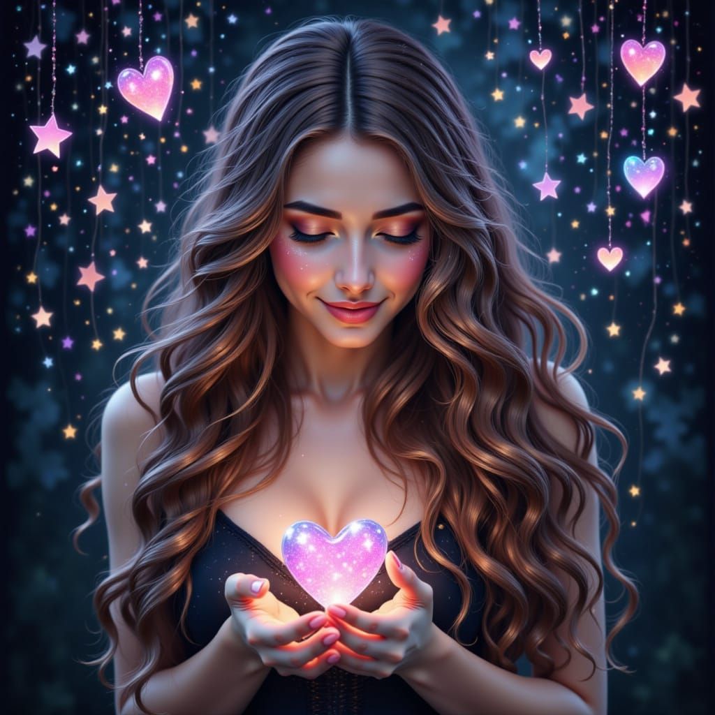 <lora:Holding a Heart:1.0>  beautiful woman - long wavy hair - stars are falling with star and heart shaped patterns enchanting. 

holding a...