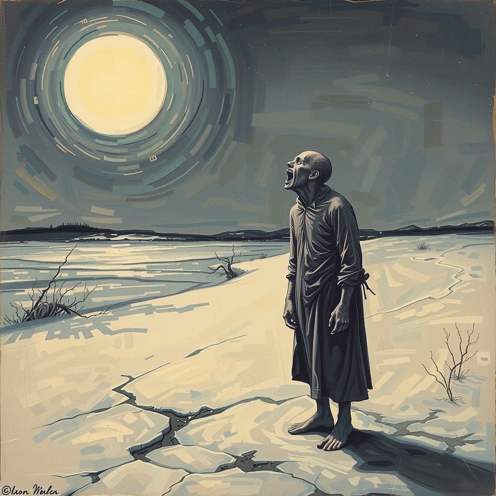 dark wraith stalks the foggy cemetery. The image is rendered in a rough expressionist style.