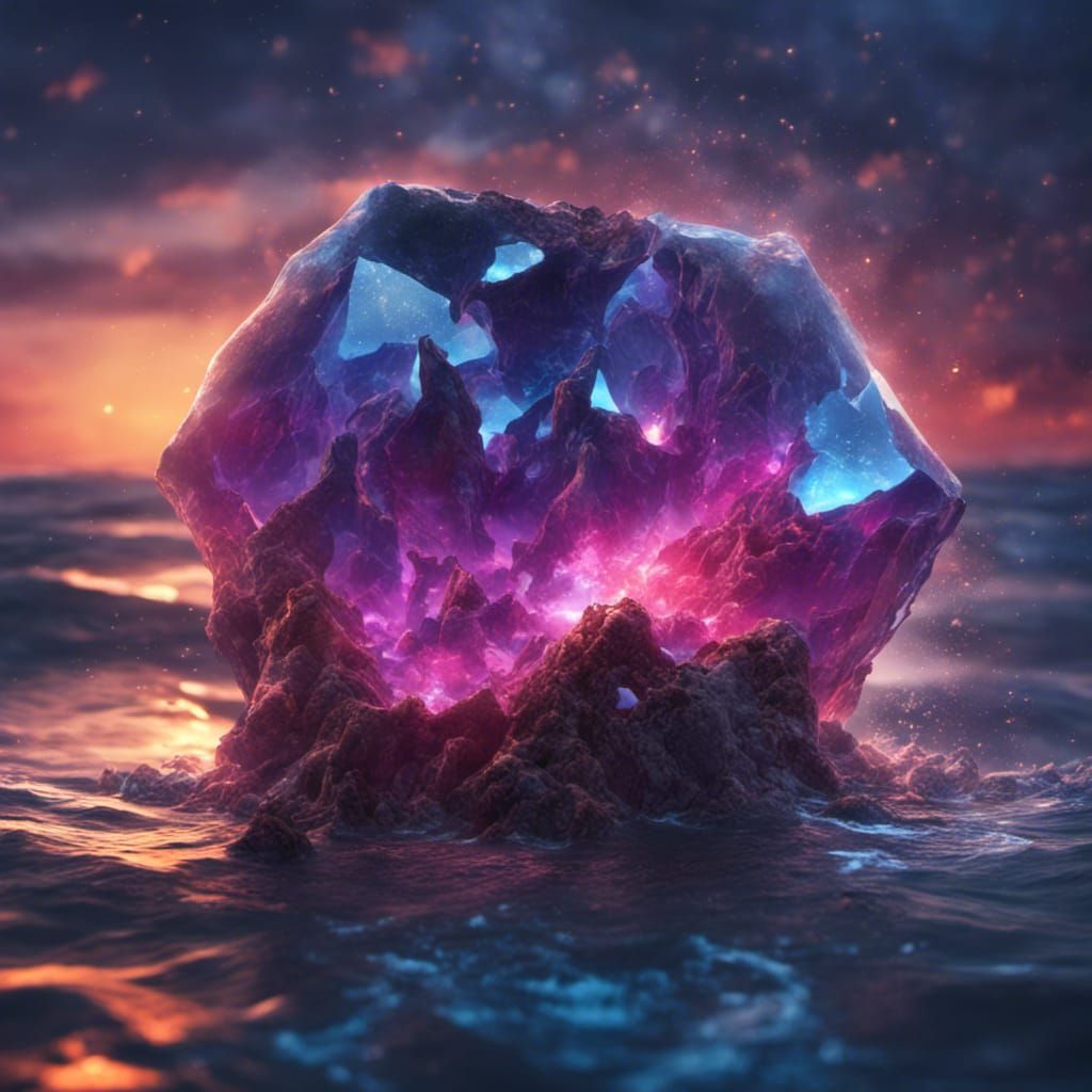 a giant gemstone crystal in the ocean, neon glow inside, long exposures