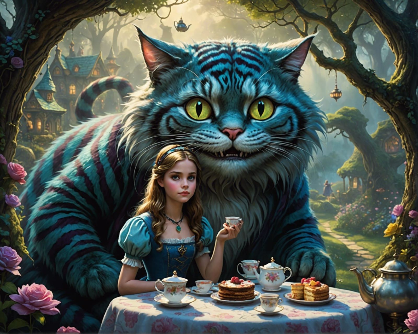 The girl Alice , in the Whimsical Wonderland, with The Chesh...