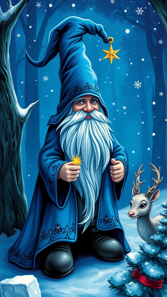 The Christmas Gnome in Blue

(Verse 1)
In a forest deep where the mountains rise,
Beneath winter's cloak and the starry skies,
Lives a Chris...