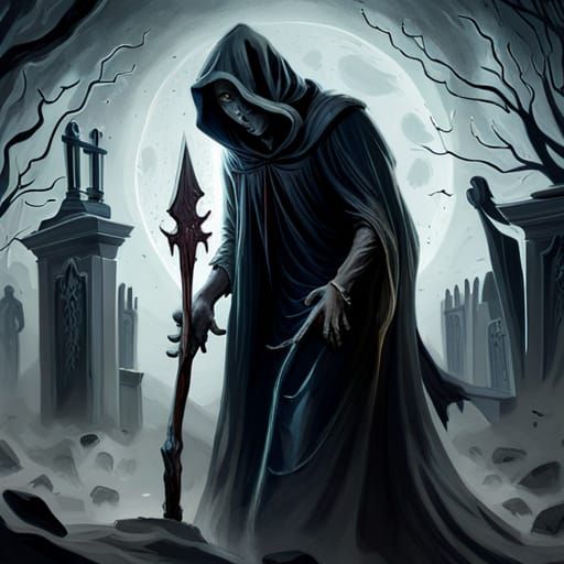 grim reaper in a graveyard 🪦 sinister by Greg Rutkowski hor...