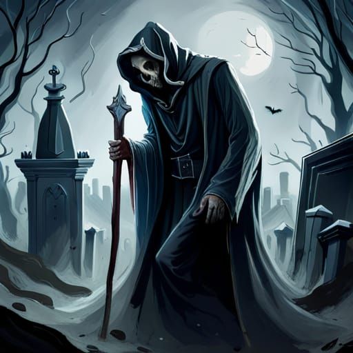 grim reaper in a graveyard 🪦 sinister by Greg Rutkowski horror Gustave Doré Greg Rutkowski a masterpiece, 8k resolution...