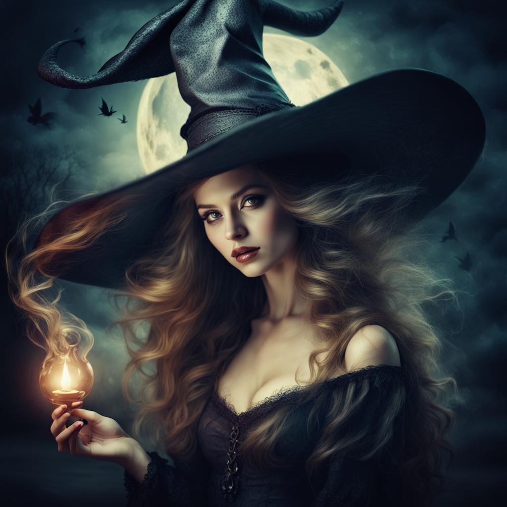 Night Of The Witch, Beautiful Witch With Magnificent Witches Hat 