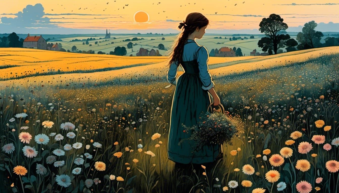 A girl picks a bouquet of flowers in the overwhelmingly beau...