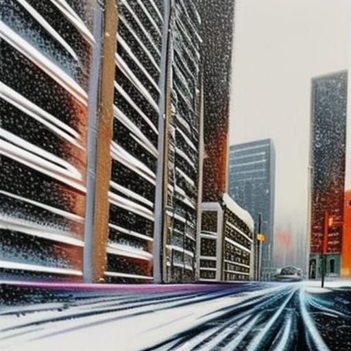 a city scene in the snow. People playing in the snow there a...