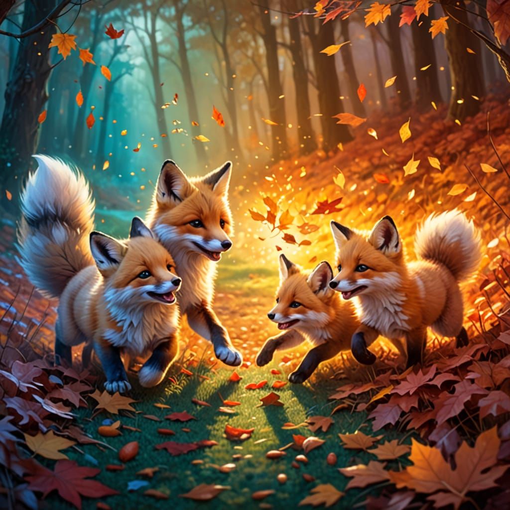 Fox Kits Autumn Playtime