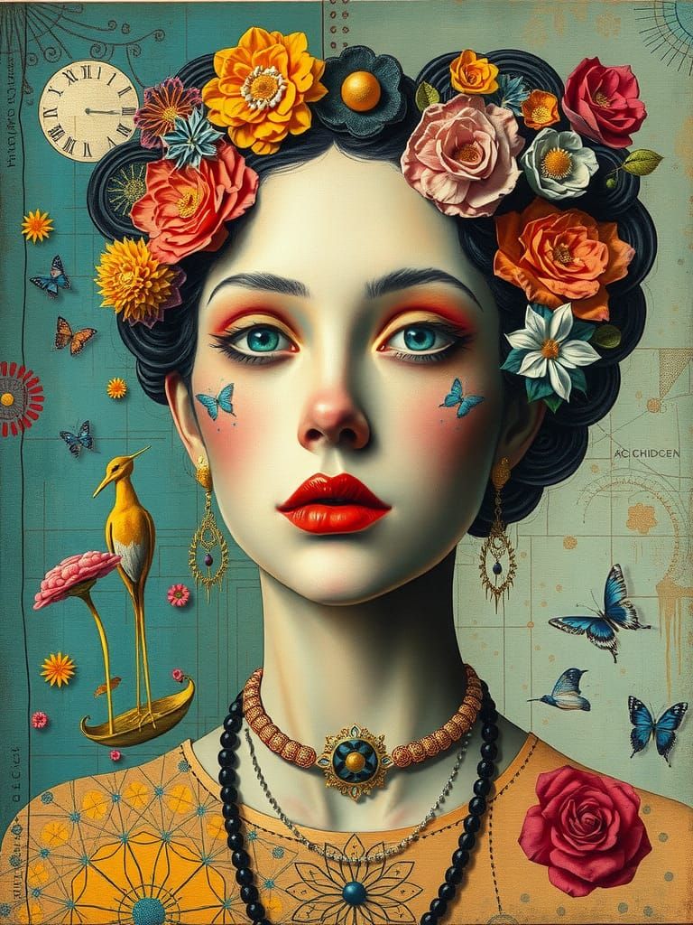 Surreal Mixed-Media Maximalist Creation on Linen