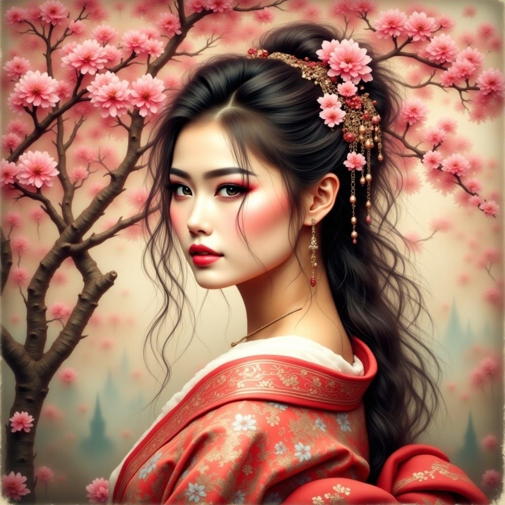 <lora:Antique Watercolor 2:1.0> lora:Boho Ladies:1.0 lora:3D HD Portraits:1.0 geisha and cherry blossoms beautiful stunning woman. Head tur...
