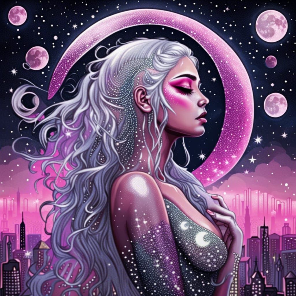 a lot of shiny glitter  Beautiful dark moon sad goddess