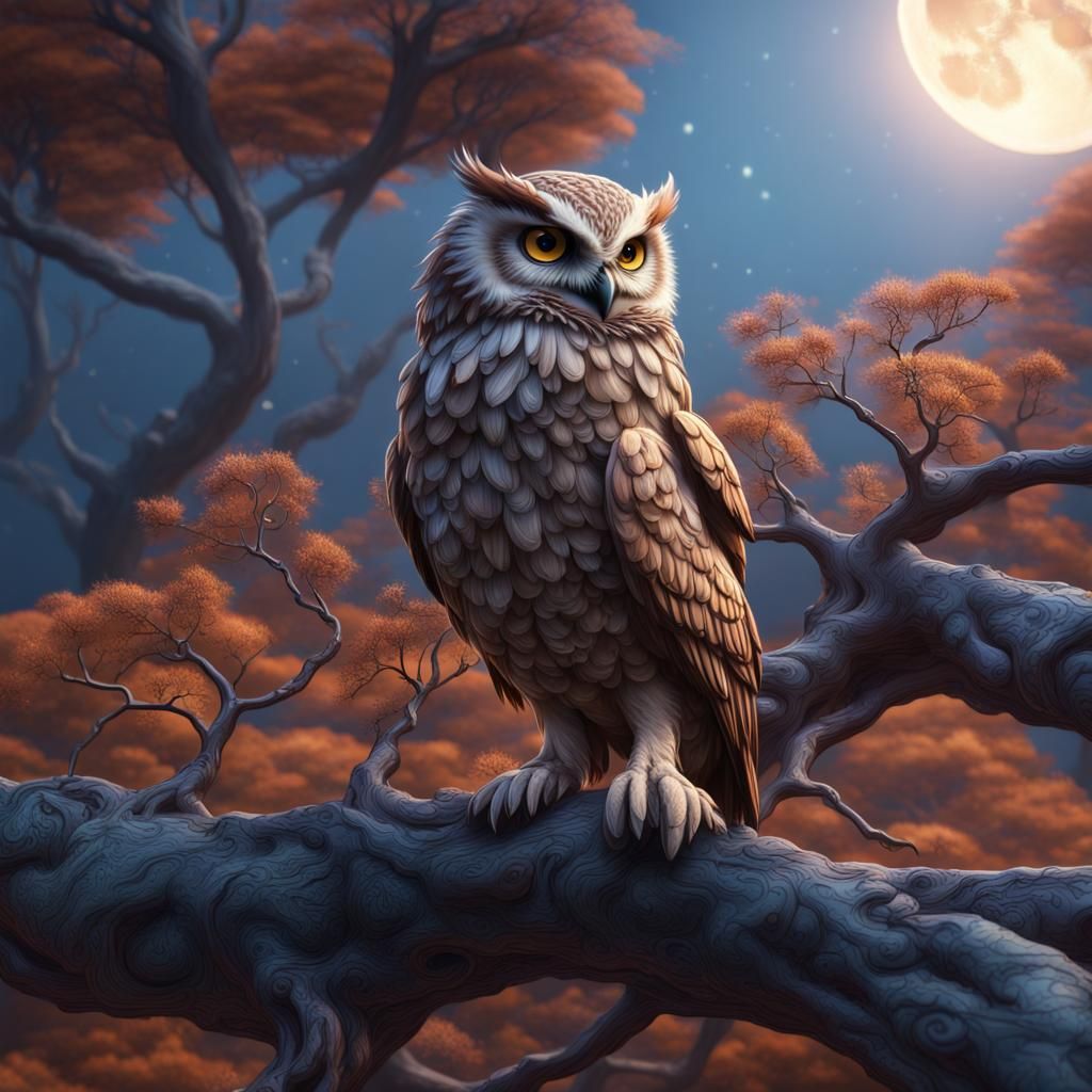 Aboriginal owl ruffled feathers moon sitting on branch of tree of life ...