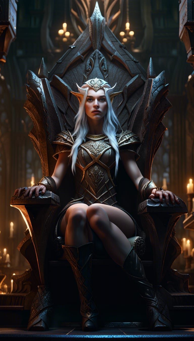 Beautiful young Elf Queen sits on her throne a masterpiece, 8k ...