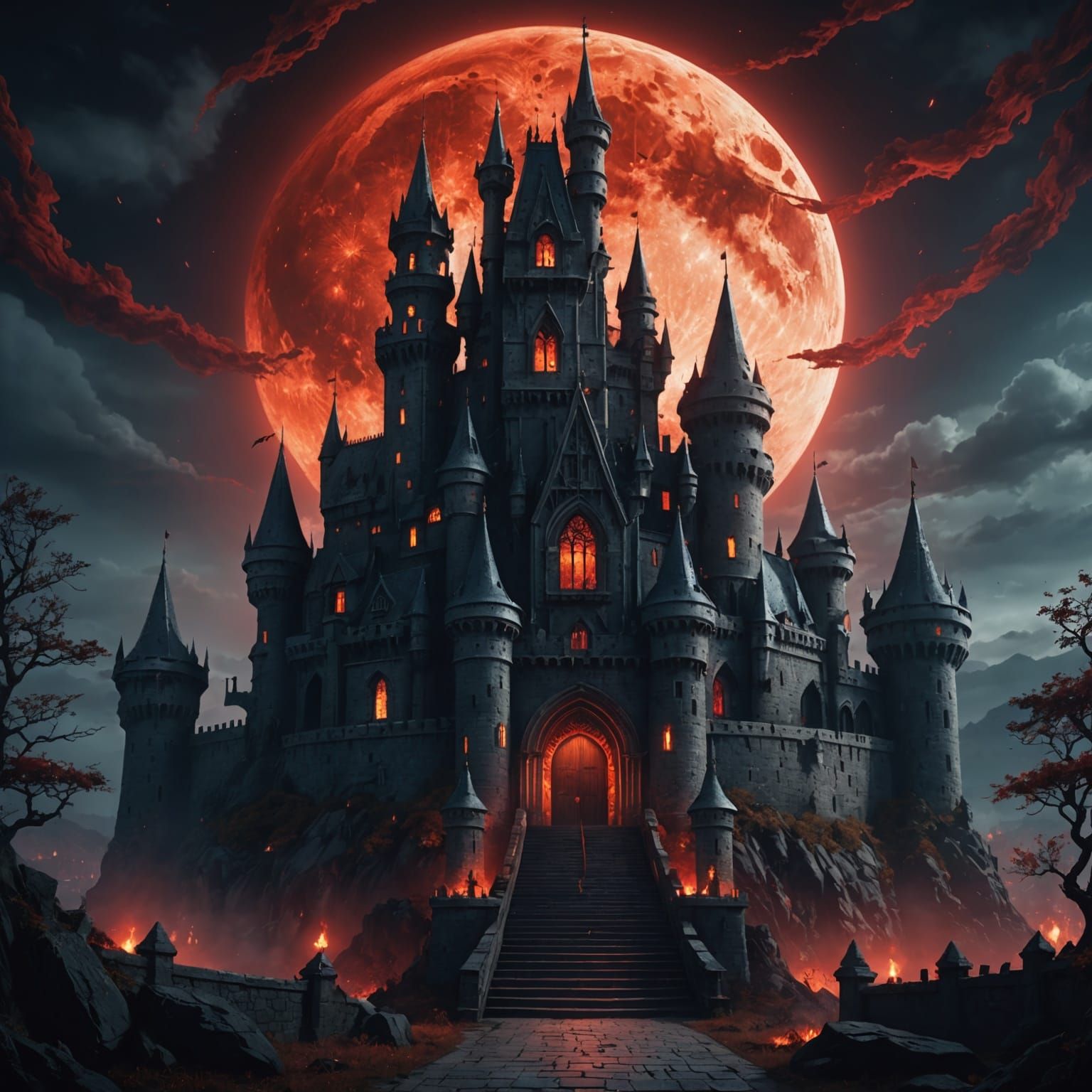close up shot. anime key visual. an evil castle with a dark atmosphere. there is aura around it. it is ...  by @Fantasy Academy