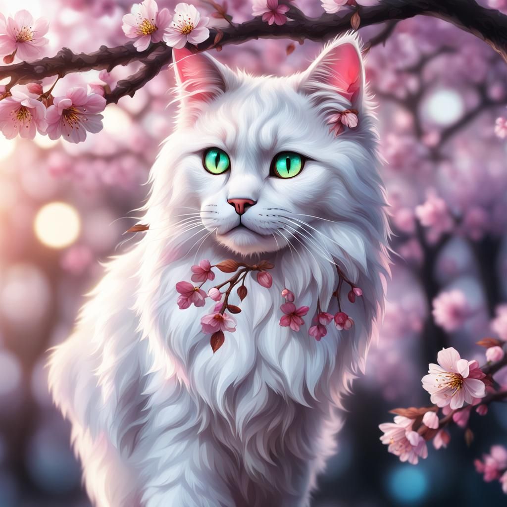 Glowing Cherry Blossom Cat: Detailed Digital Art