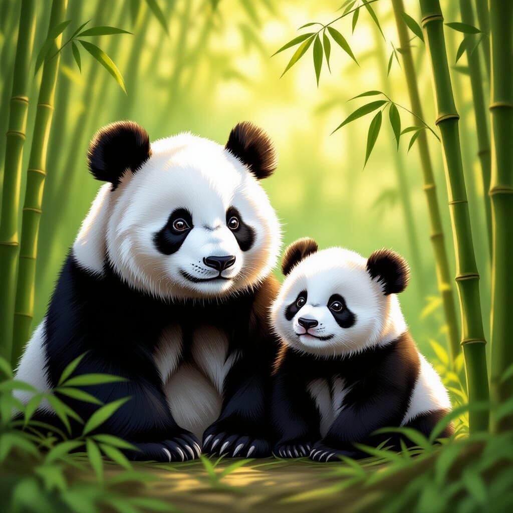 White Pandas in Sunlit Bamboo Forest