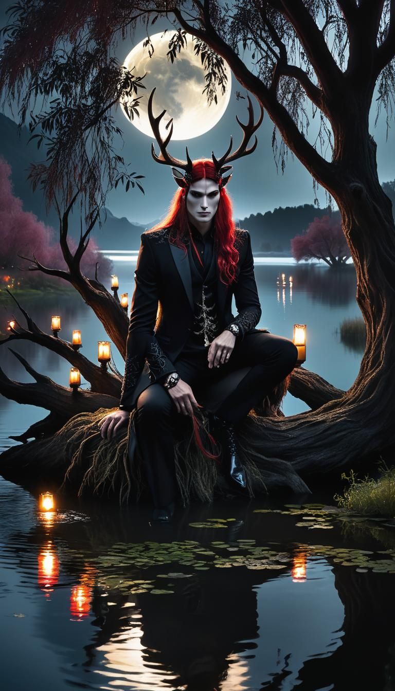 Create an image of a beautiful dark-fantasy man with antlers on his head in a black, lace-embellished ...  by @The Crazy One