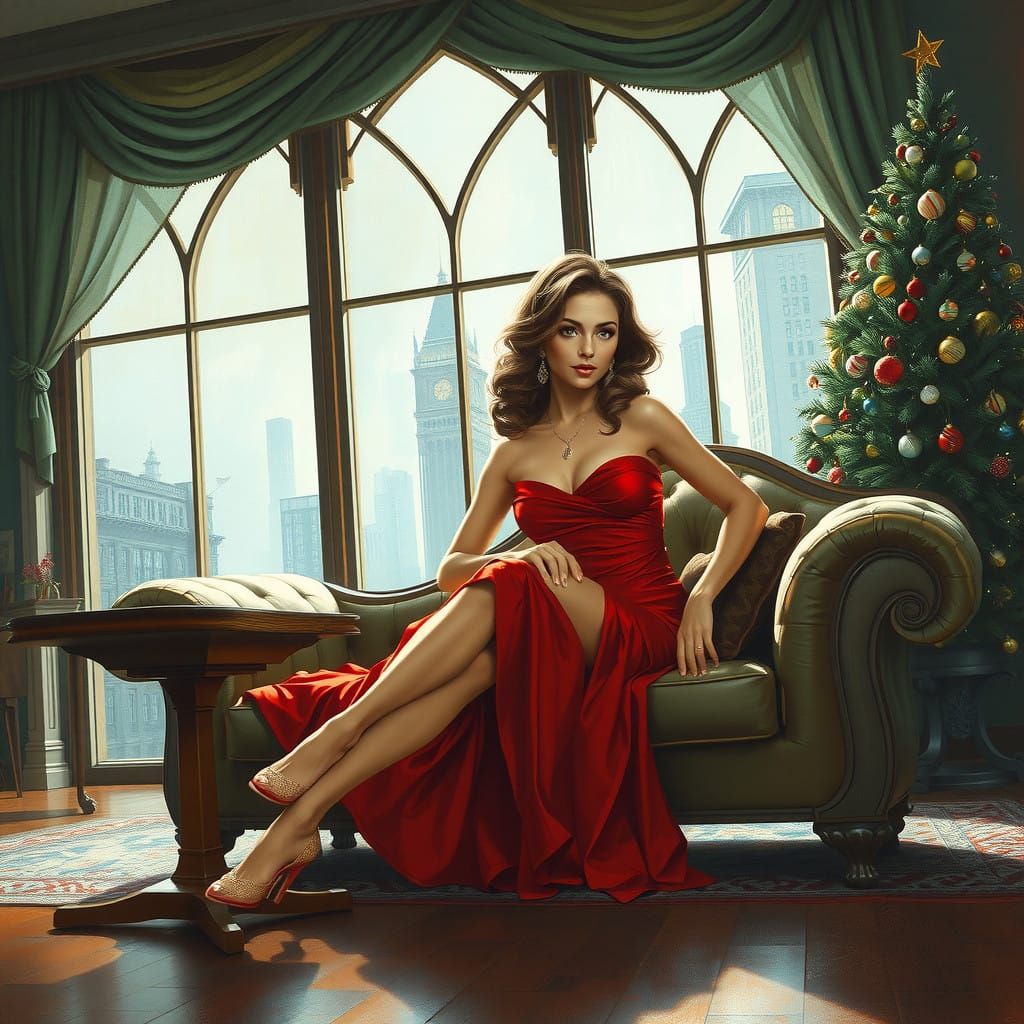 Sultry Lady in Scarlet Dress Surrounded by Christmas Cheer i...