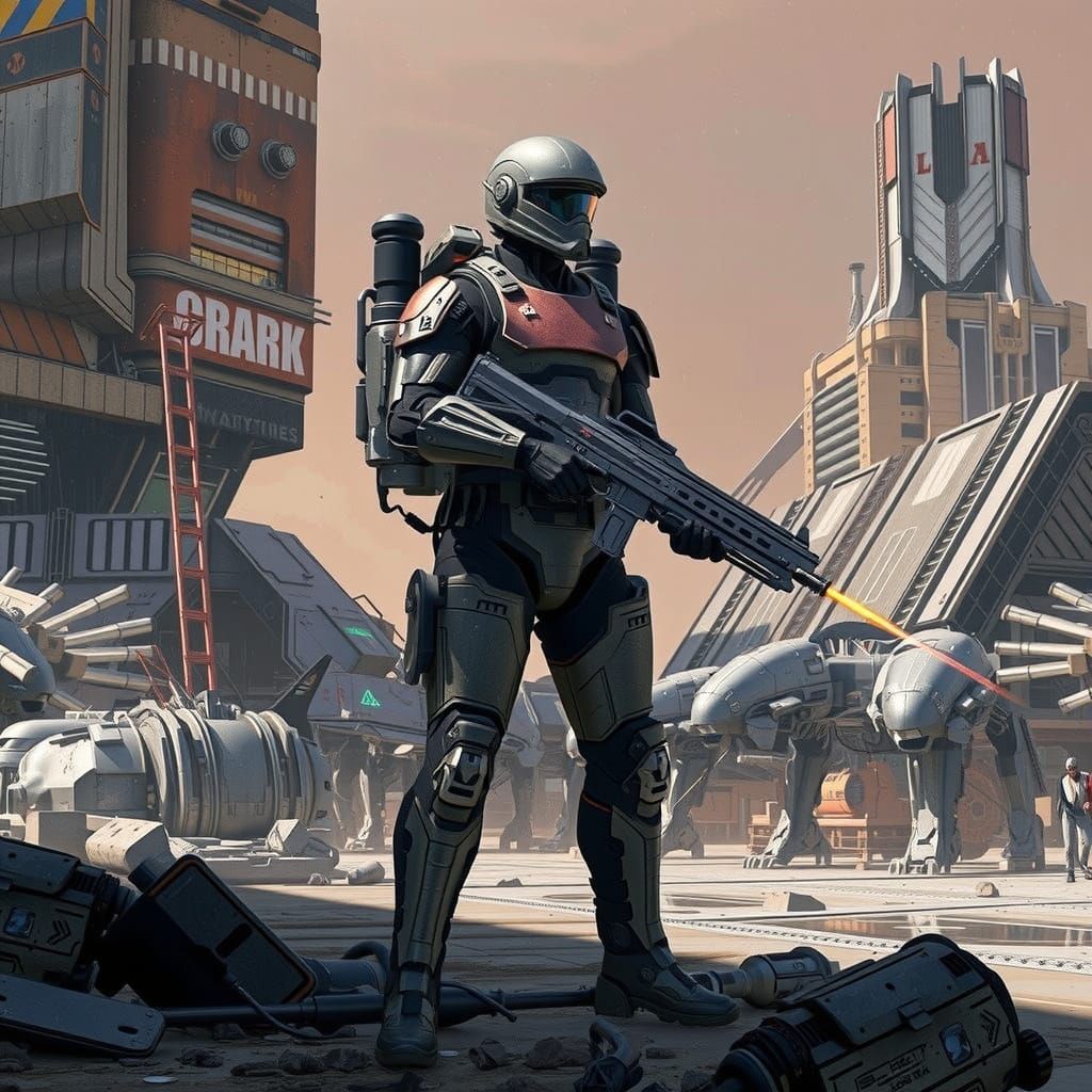 futuristic soldier with jetpack and a laser gun