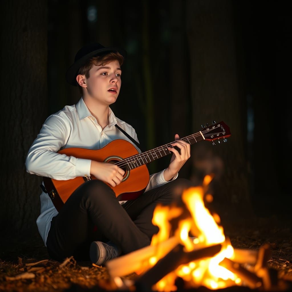 Jewish Boy Sings by Campfire with Guitar