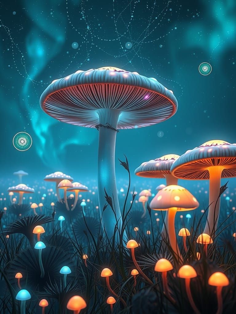 Bioluminescent mushrooms in an Art Nouveau style. A sprawling field of bioluminescent mushrooms pulsates with an otherworldly glow. Alien sp...
