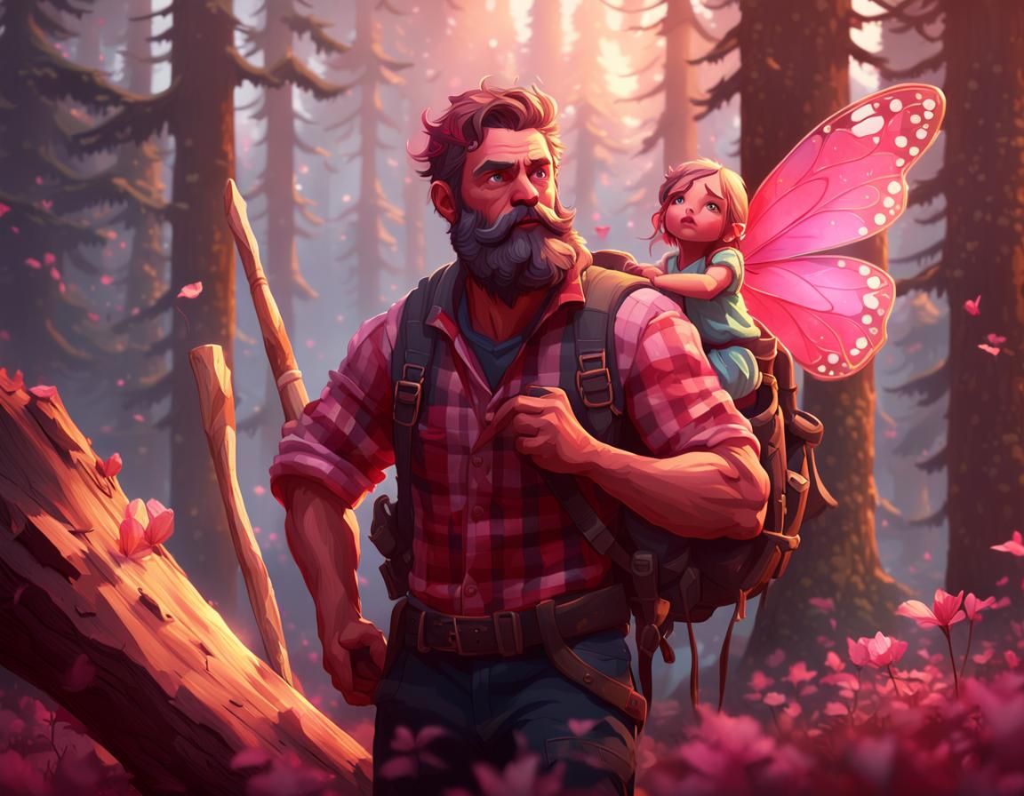 Lumberjack with a little fairy on his shoulder.