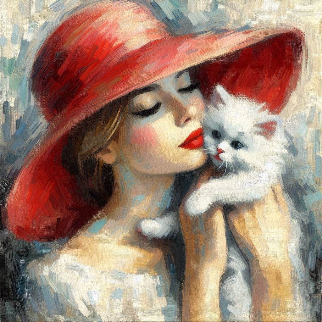 Women in Red Hats, Holding White Kittens, a series
