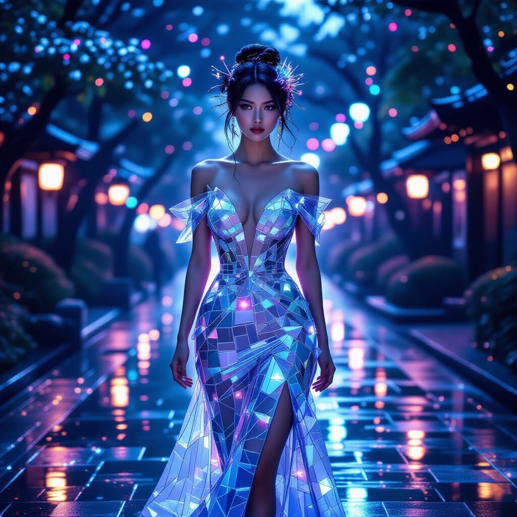 A beautiful woman walks through a Japanese park in an elegant dress made of transparent glass panels ...  by @Jemina