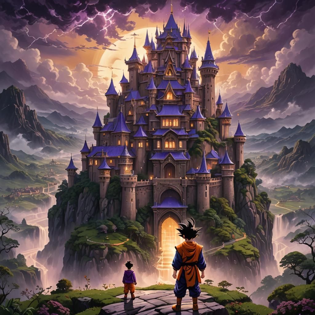 Create a World inside a Castle color pastel dark purple sky raining effect a Goku on front as a kid 