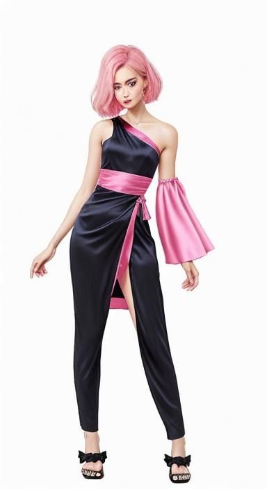 Dark style lotus pink one-shoulder waisted silk wrap dress(o...