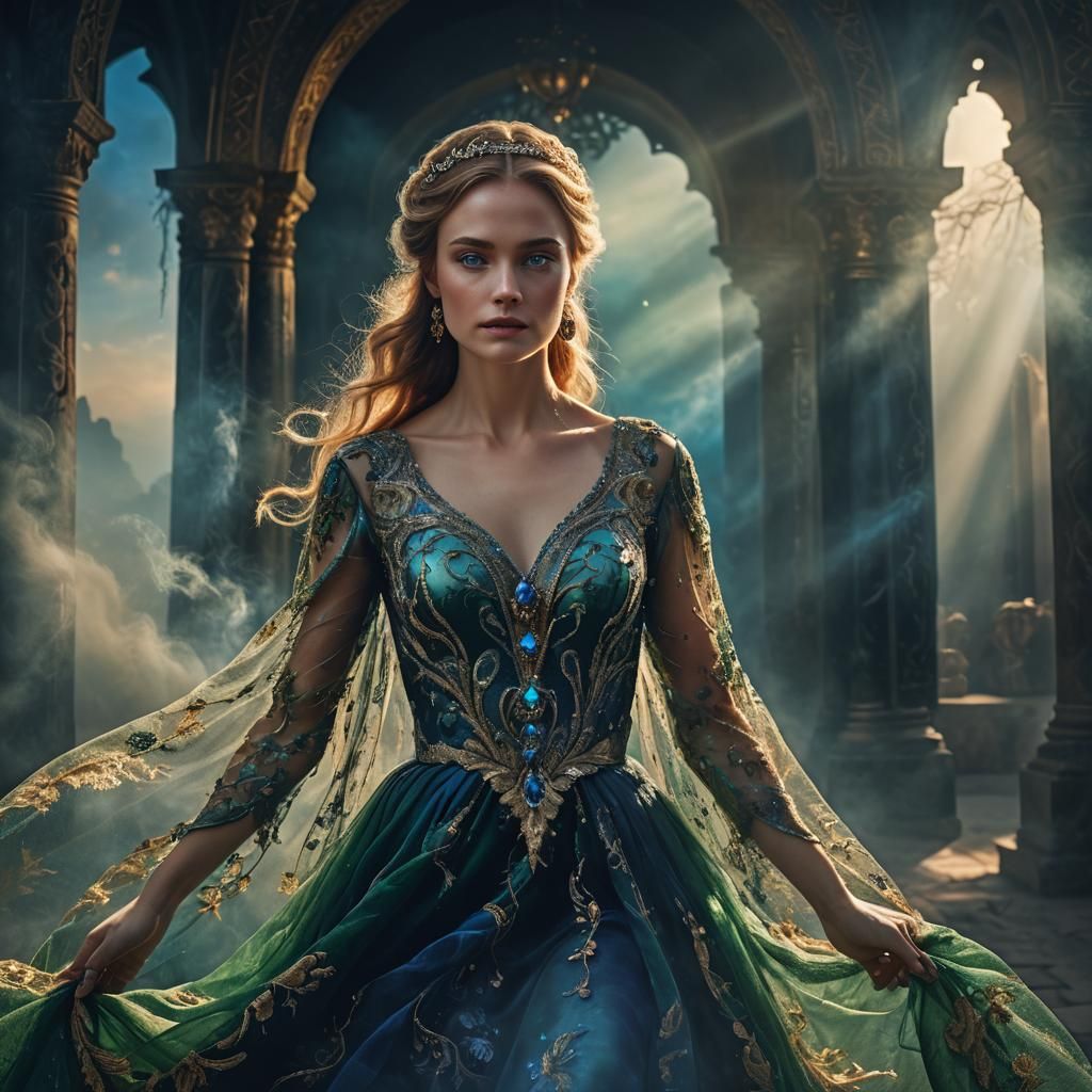 Elegant Woman Enters Mystical Realm: Fantasy Portrait