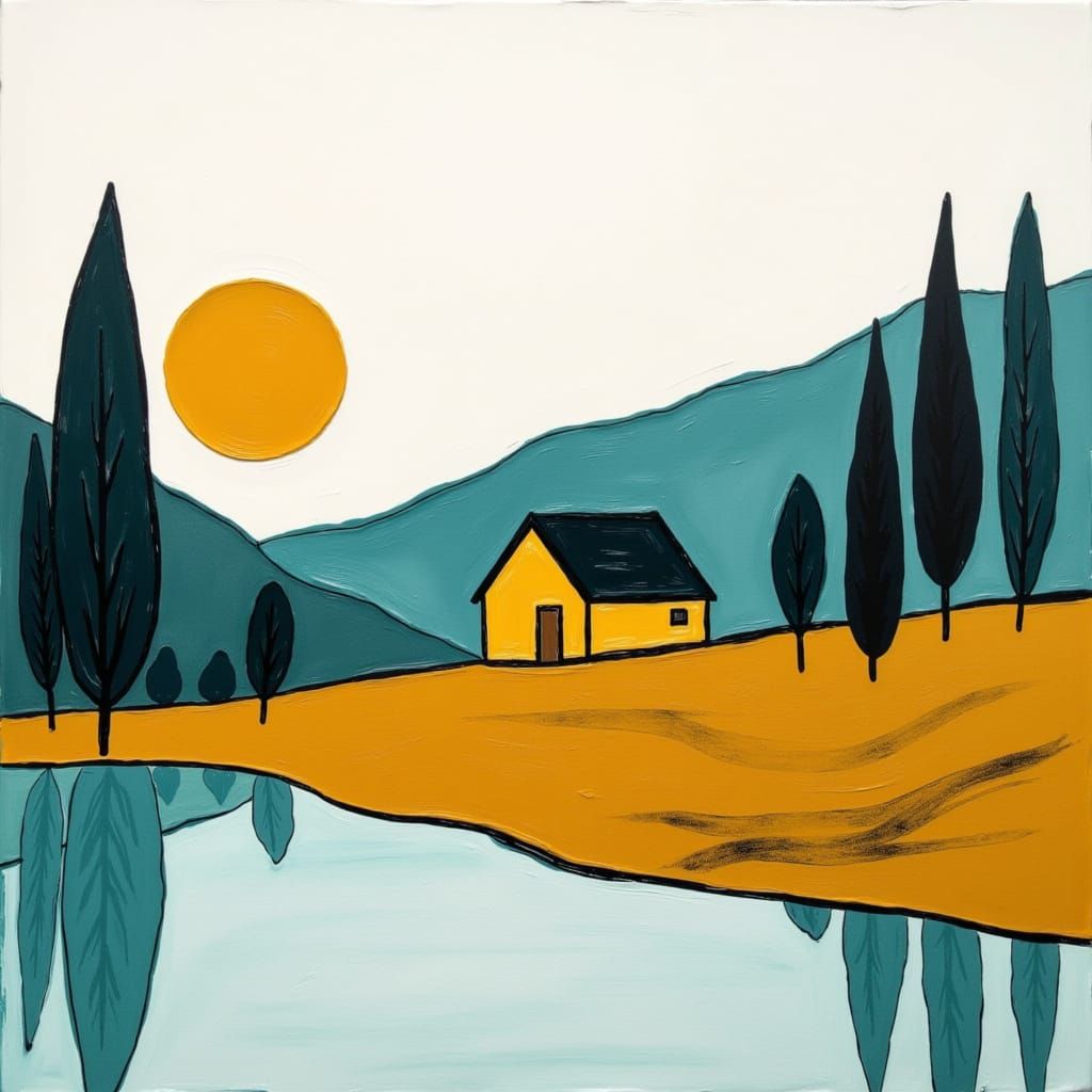 a cozy village by the lake, abstract, minimalism <lora:Abstract minimalism:1.0> 