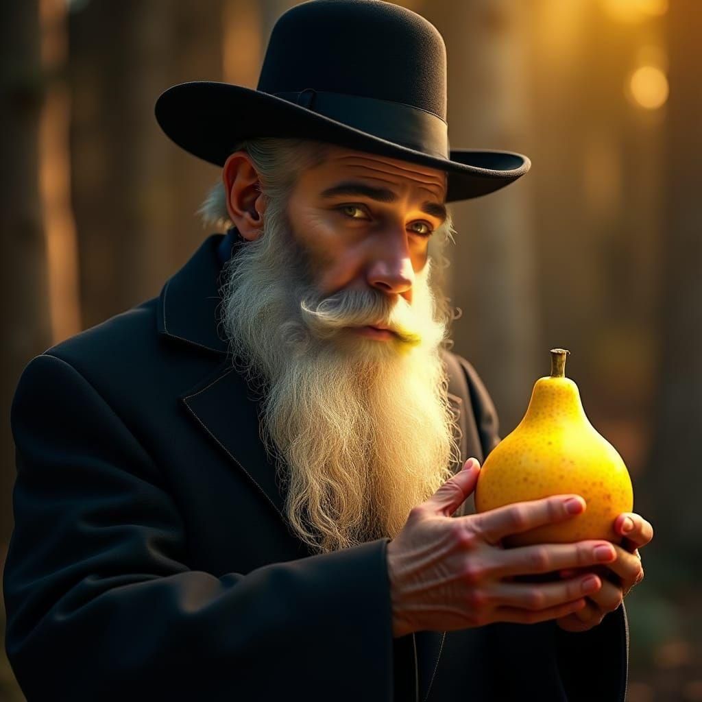 An ultra-Orthodox Jew in Hasidic clothing with a noble white beard holds a yellow etrog in his hands, and examines it closely
