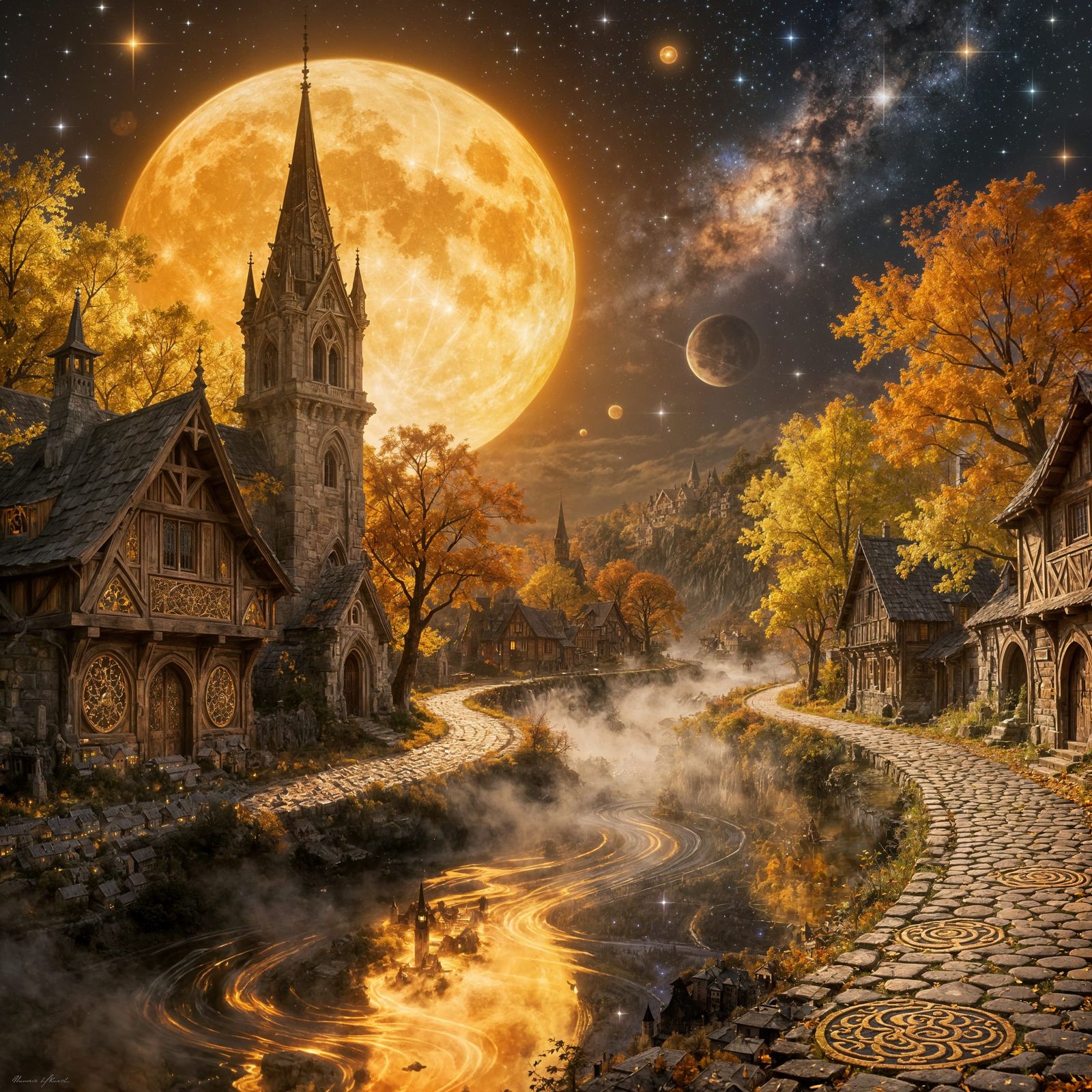 A breathtaking fantasy scene of an ancient gothic village illuminated by a colossal golden full moon ...  by @Schoor