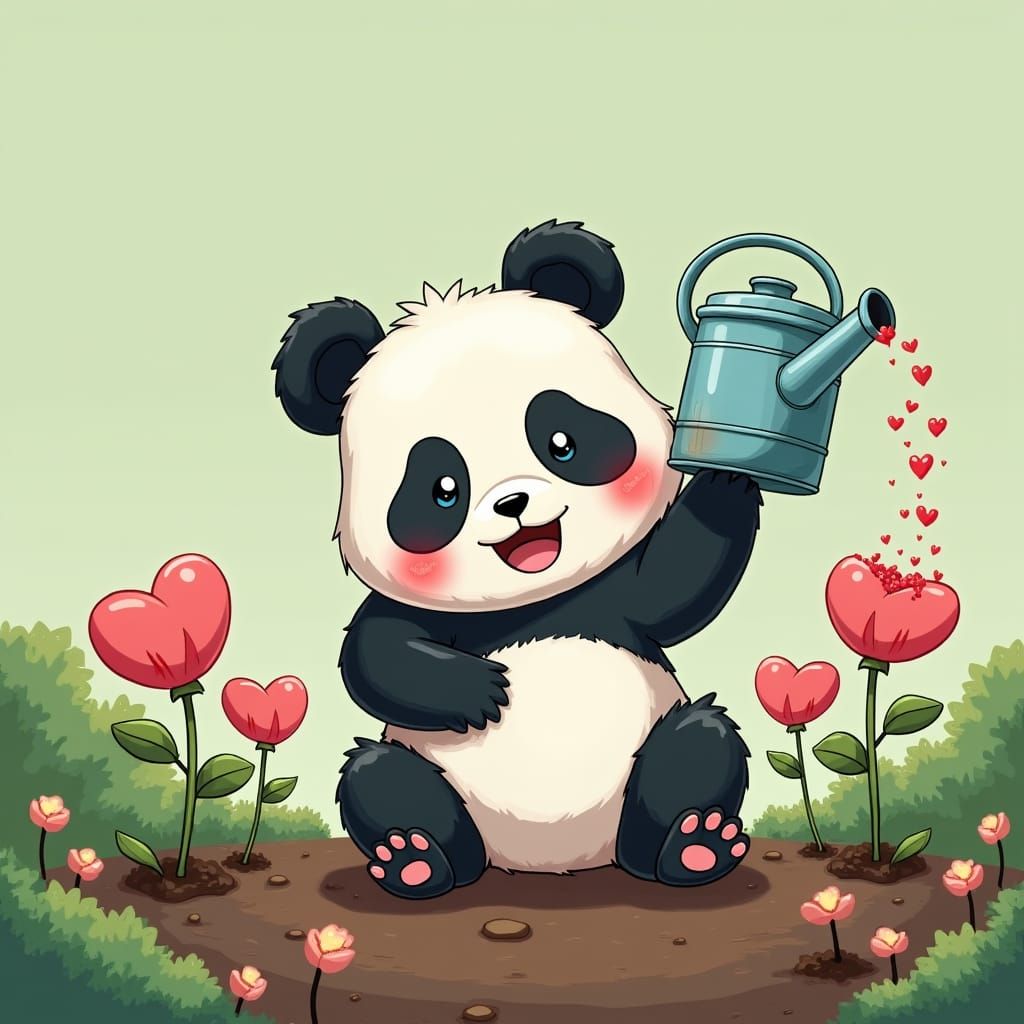 Adorable Panda with Heart Flowers in Anime Style