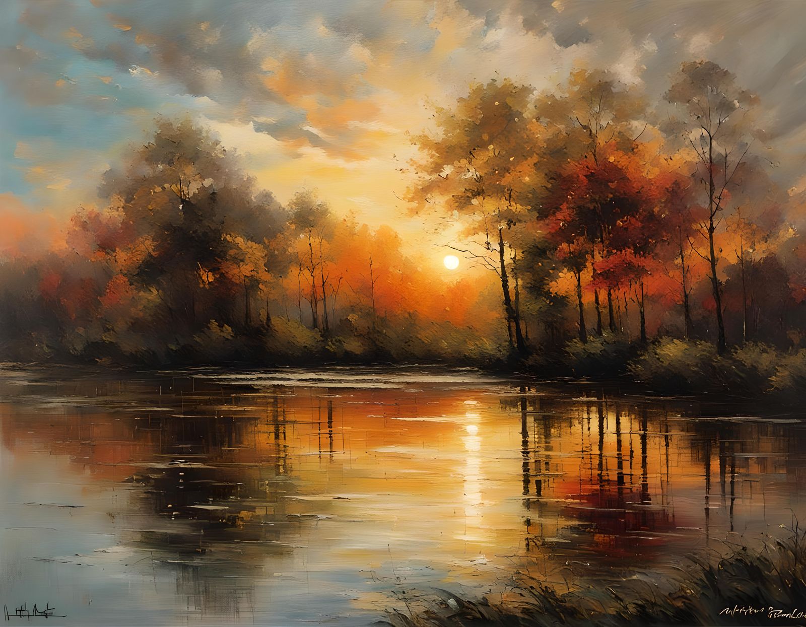 Lake sunset through cluster of trees