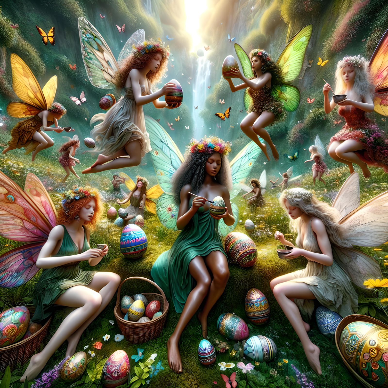 Fairies flitting in a meadow painting Easter eggs, green grass, flowers ...