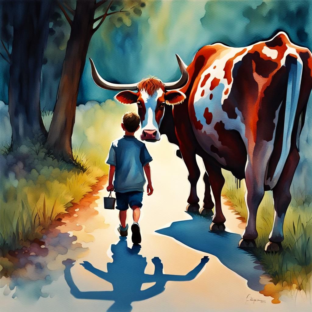 boy walking cow; neo-primitivism folk art gouache bokeh intricately ...