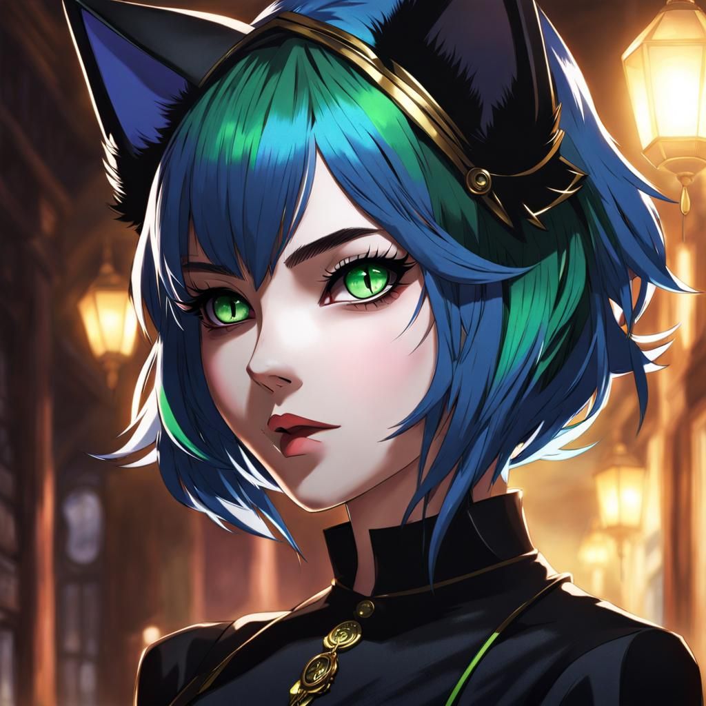 Anime by artist "MAPPA", Cat Girl Goth, Short Blue Hair, Mul...