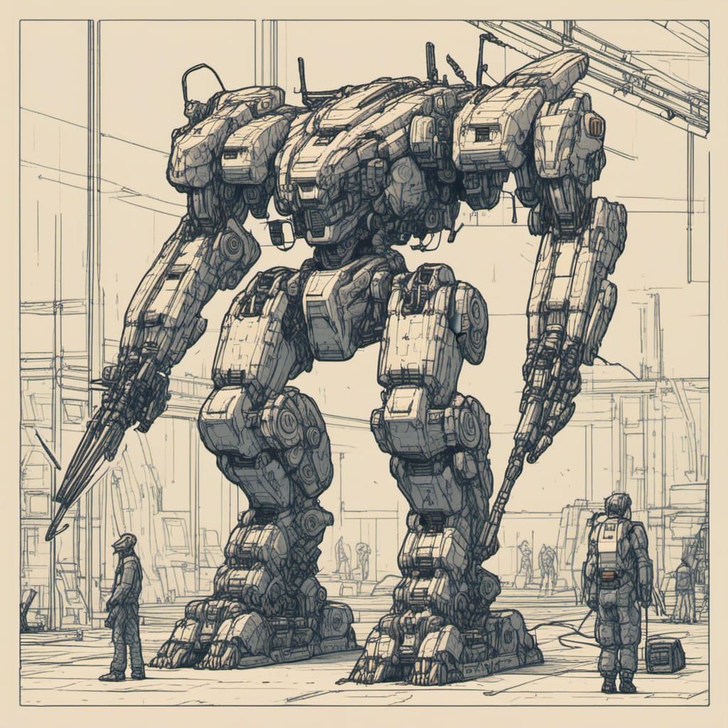Lineart. 
A slender mecha stands in a hanger, repairmen work on it with blowtorches and wrenches.<lora:MechaGraal:1.0> 