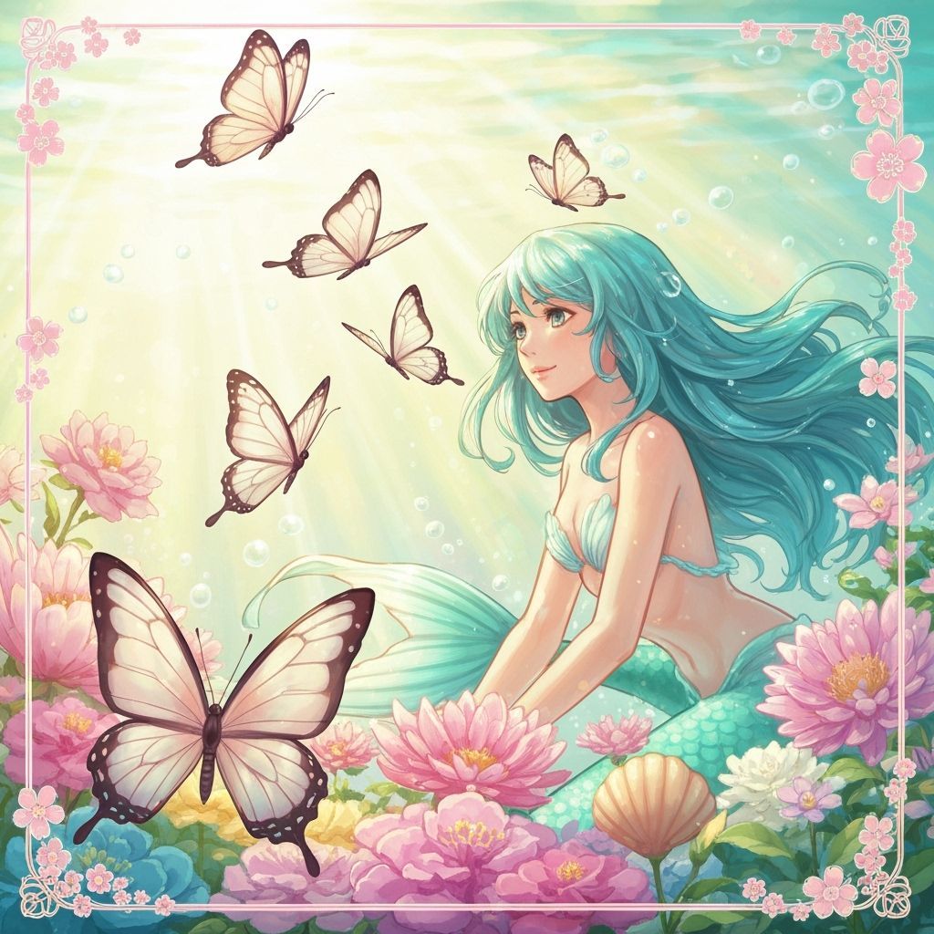 Whimsical Mermaid Among Butterflies and Flowers