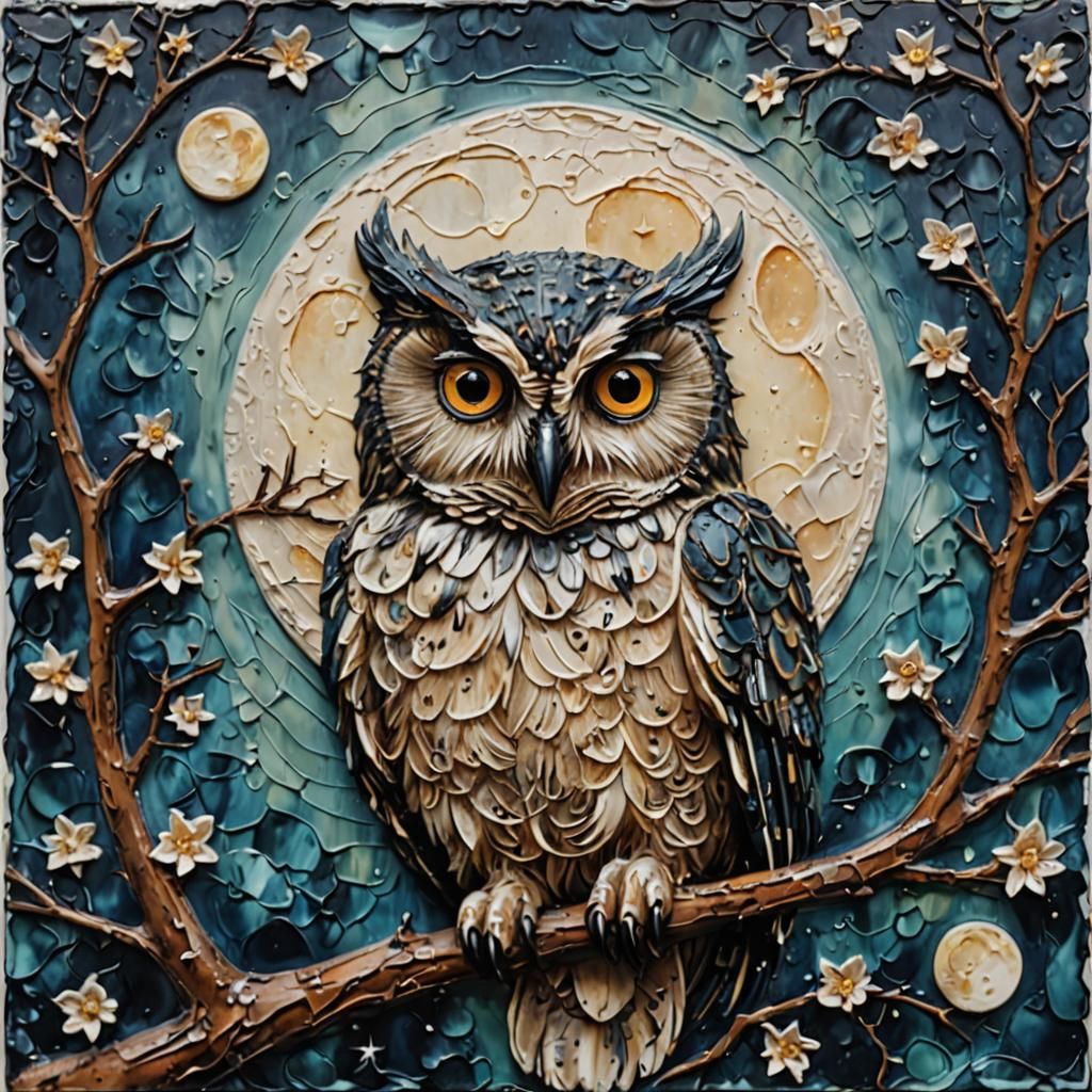 Impasto Hyperdetailed Owl Moon Encaustic   by @Angel