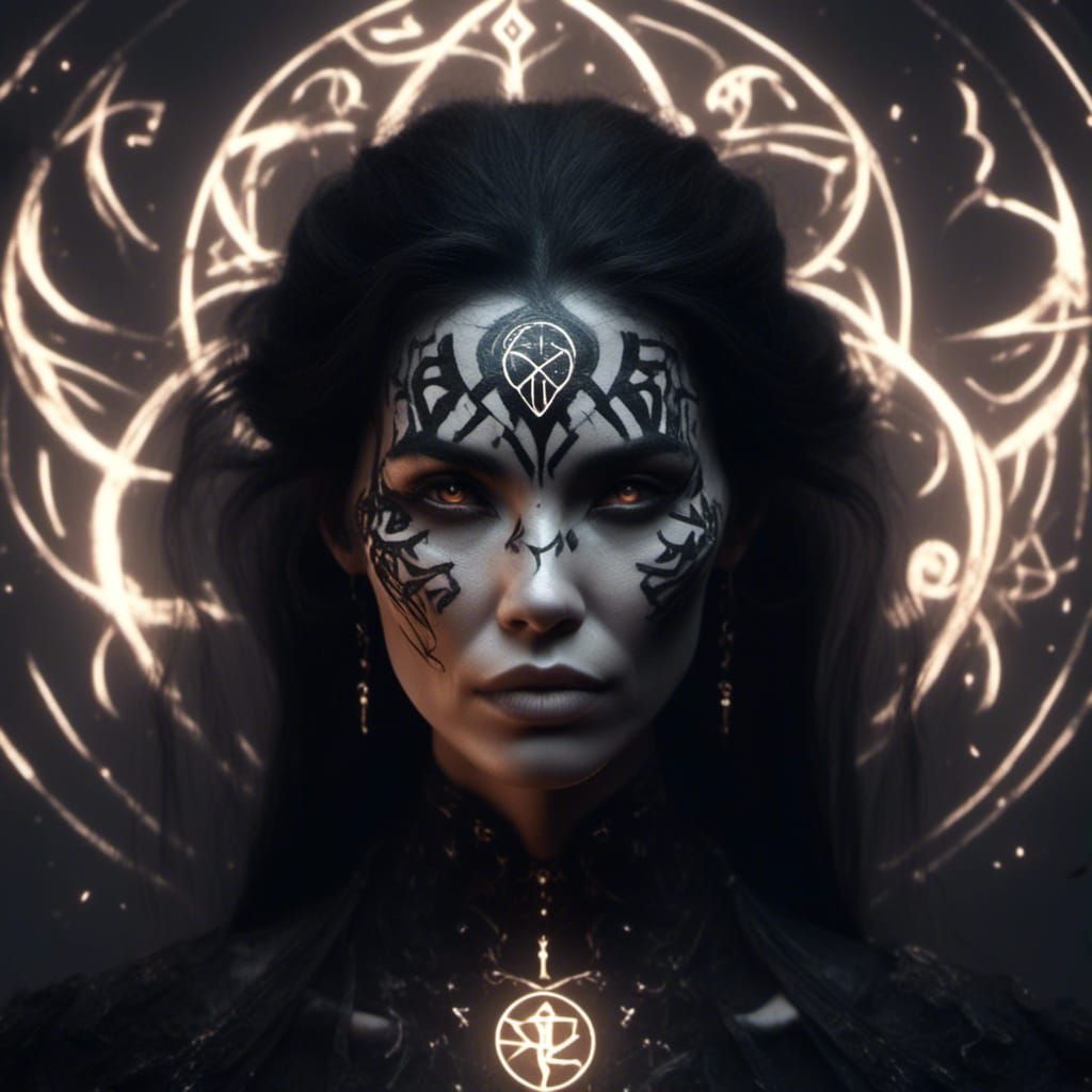 Glowing rune black, beautiful older woman with graying black...