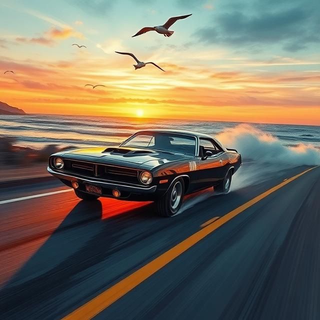 Barracuda Cruising at Sunset 🌅💨 Painterly muscle car speed...