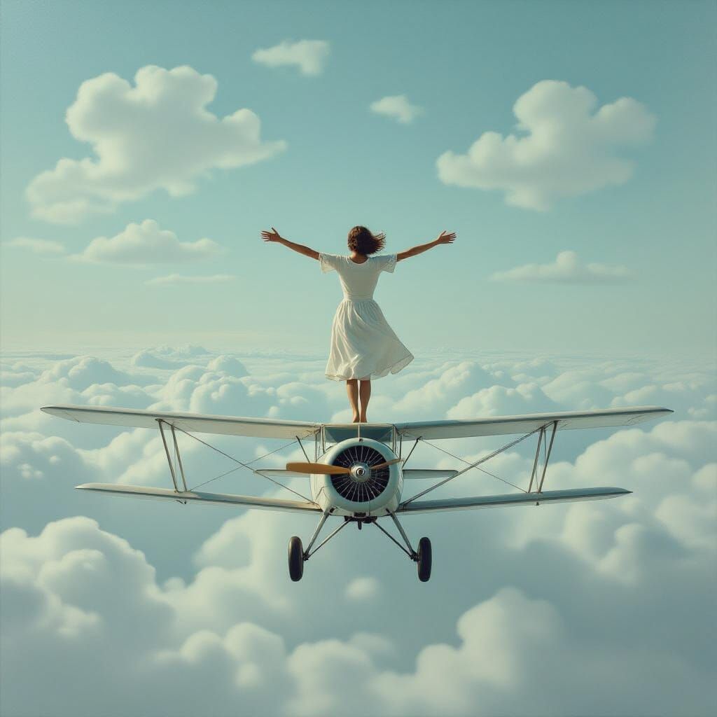 Person Floating Over Biplane in Dreamlike Sky