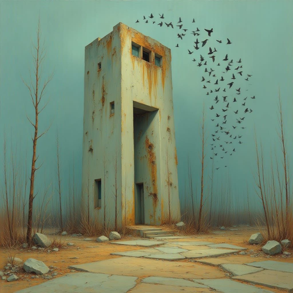 <lora:Brutalist Wilderness:1.0> Oil painting of a lone sentry tower carved from pale concrete in the style of Zdzisław Beksiński and Giorgi...