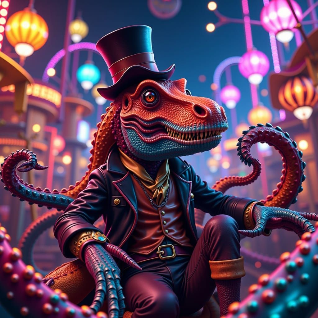 Cursed Carnival: Dinosaur Octopus Apothecary on Rollercoaster in Anime Style in This image showing a dinosaur octopus riding a rollercoaster...