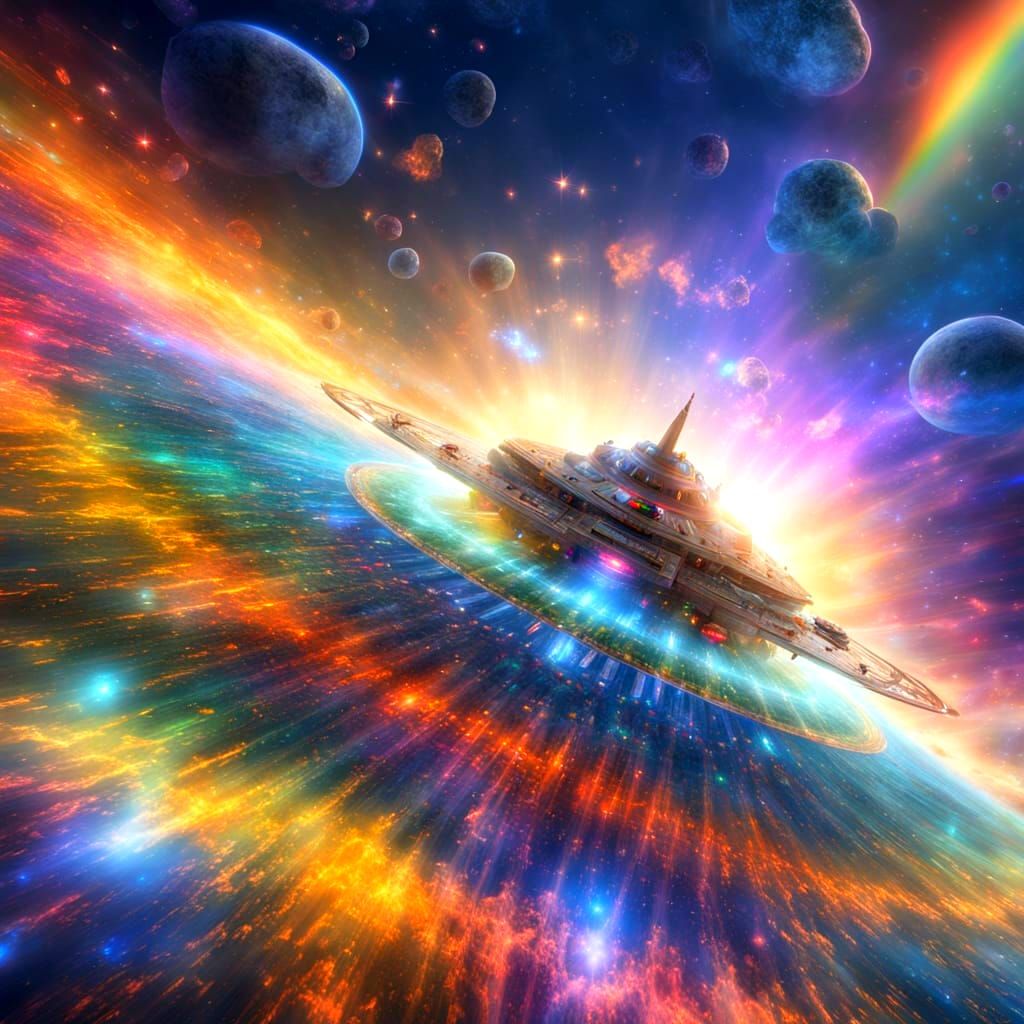 Rainbow Starship in Space: Digital Art Masterpiece
