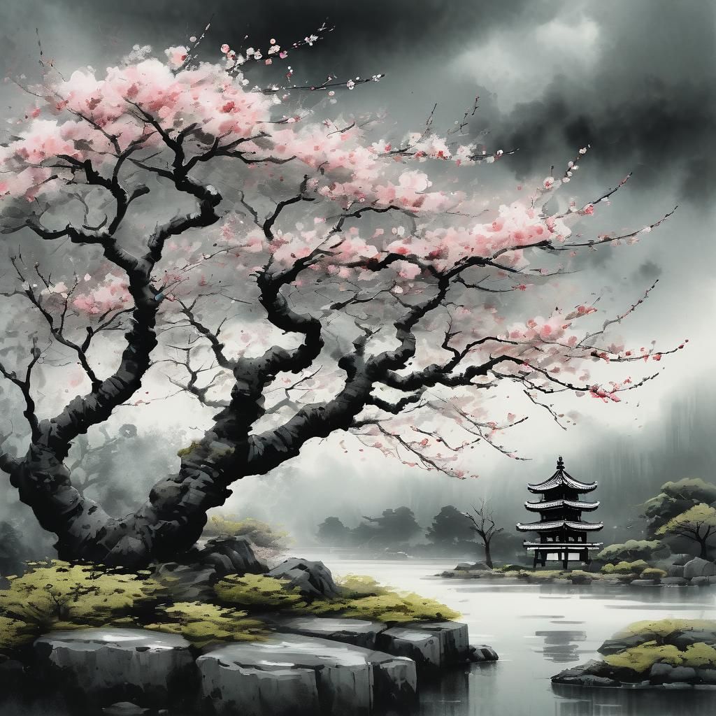 Create a Japanese zen garden on a dark gloomy day. Thunderstorm clouds are moving together high up in ...  by @Tis-a-Happy-Day